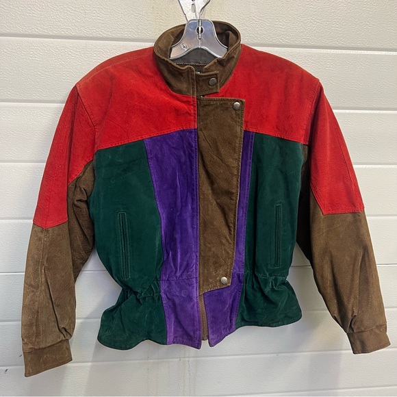 VINTAGE LEATHER SUEDE MULTI COLOR BOMBER JACKET 80S - Picture 5 of 12